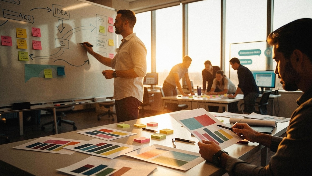 Editorial photograph of a SaaS marketing leader sequencing a 90-day launch plan with sticky notes and a small team at a sunlit table