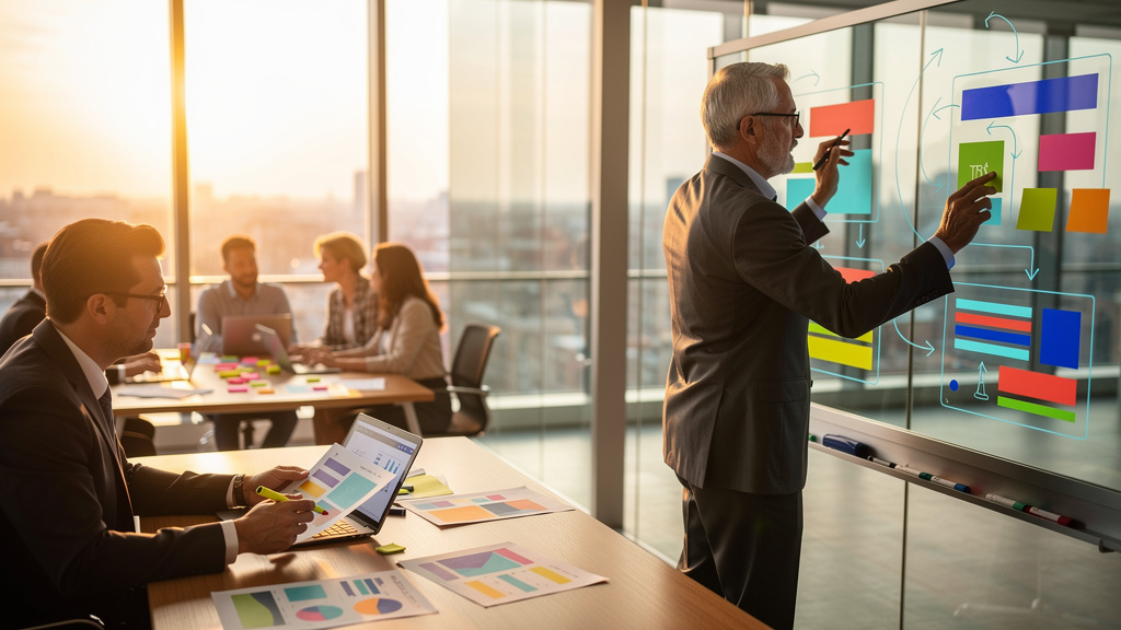 Editorial photograph of an enterprise buyer reviewing an AEO results audit with internal audit and finance partners at a sunlit conference table
