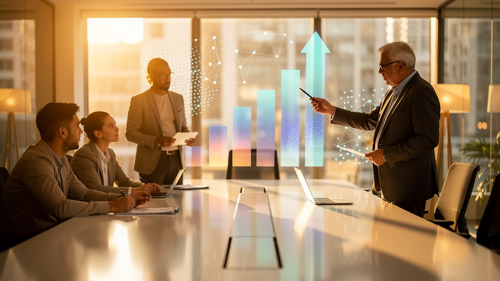 Editorial photograph of a marketing executive reviewing a one-page audit-grade results report with a finance partner at a sunlit office