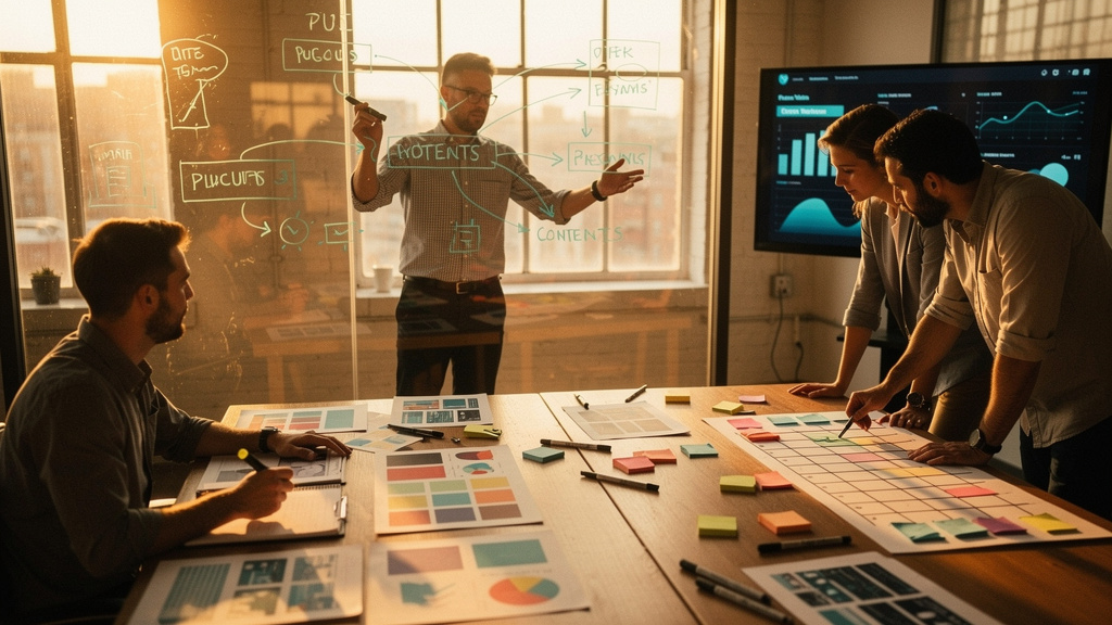Editorial photograph of an e-commerce director presenting a category-level content plan at a wall-mounted board with a small team
