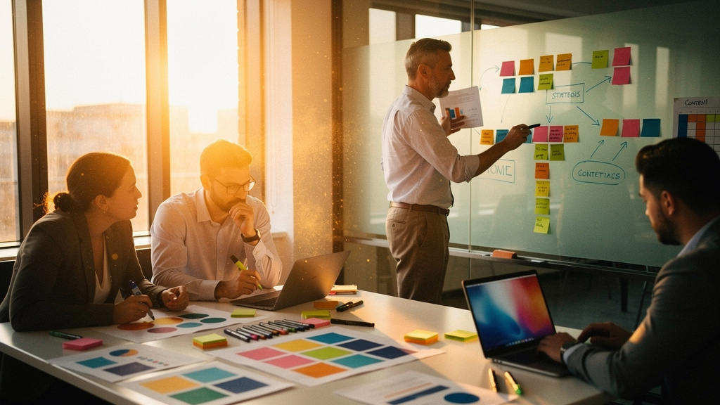 Editorial photograph of a marketing executive presenting a multi-quarter content plan to stakeholders at a sunlit conference table