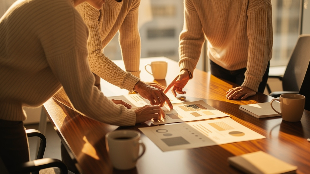 A small team gathered around a sunlit conference table reviewing printed company milestones on warm cream paper
