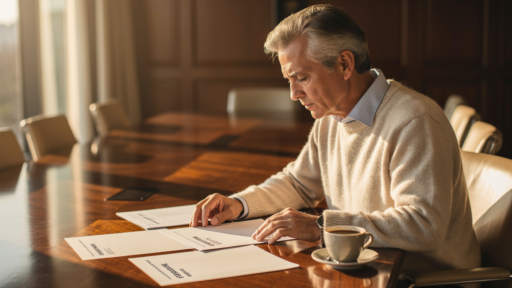 A partner at a professional services firm reviewing printed practice area briefings and a named-partner directory at a warm sunlit conference table