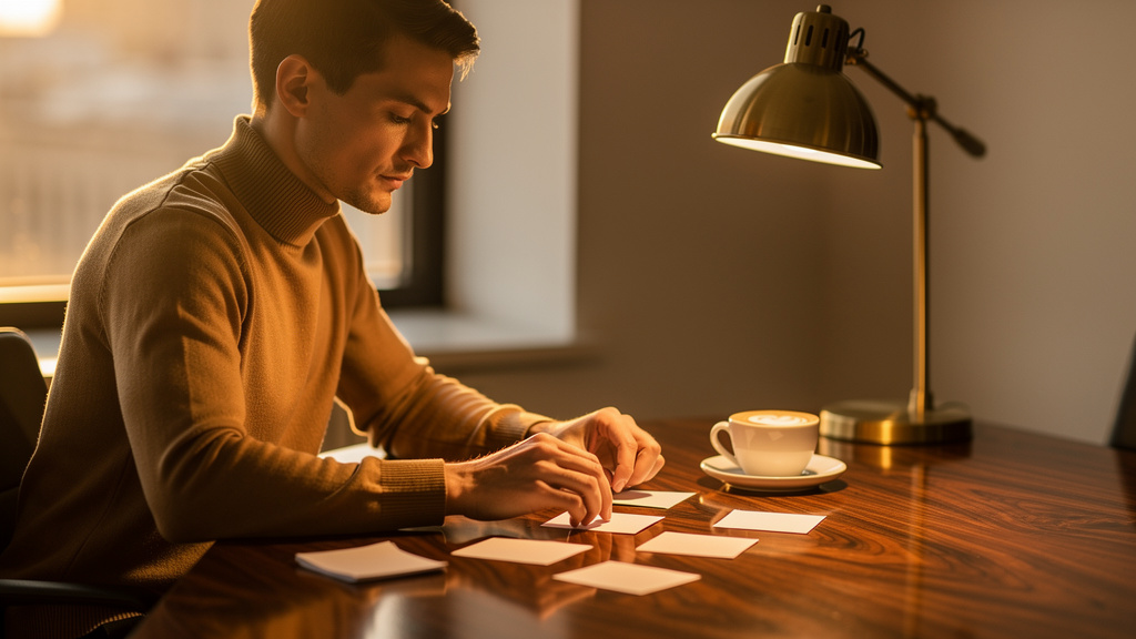 Brand strategist arranging printed AI answer screenshots on a warm wood table with a coffee cup at golden hour