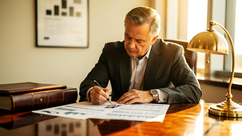Finance director reviewing a printed annual budget on a warm-lit boardroom table with leather binders
