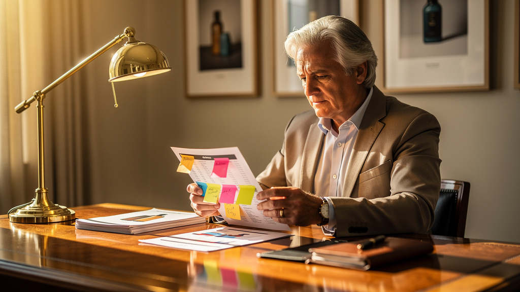 E-commerce director reviewing a printed product comparison sheet on a warm-lit oak desk with a leather notebook