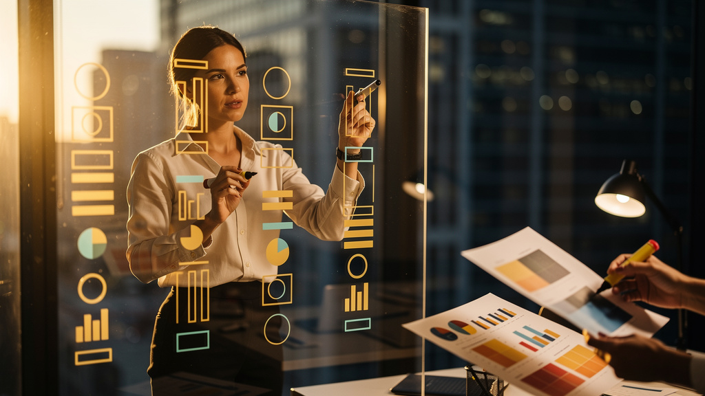 Financial services marketing leader presenting AI citation share data to a small team in a warm, sunlit boardroom