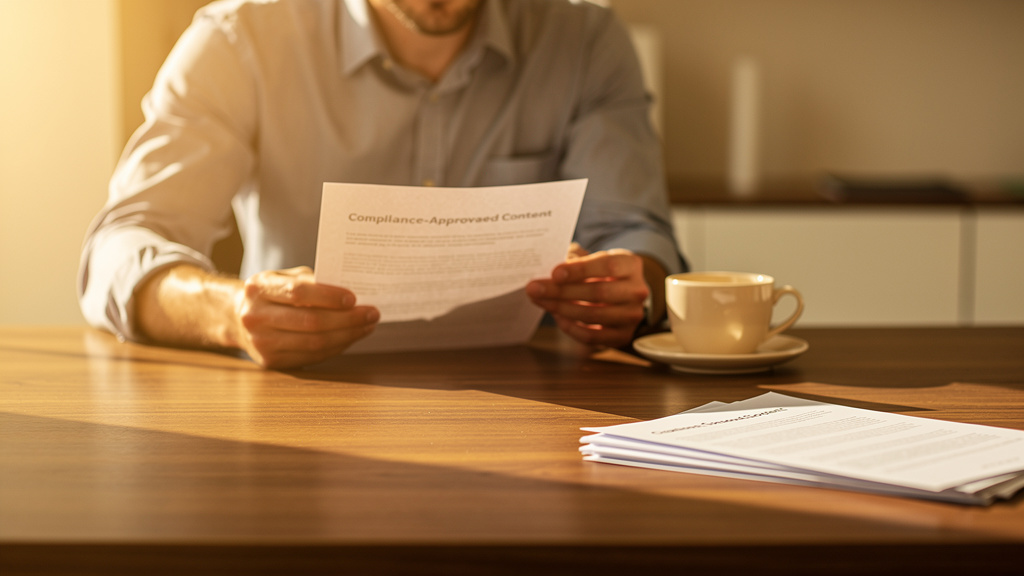 A fintech product marketer reviewing a compliance-approved content sheet beside printed citation reports in a warm corner office