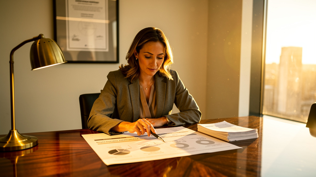 Fintech product marketer reviewing a printed competitor comparison map on a warm-lit walnut conference table at golden hour
