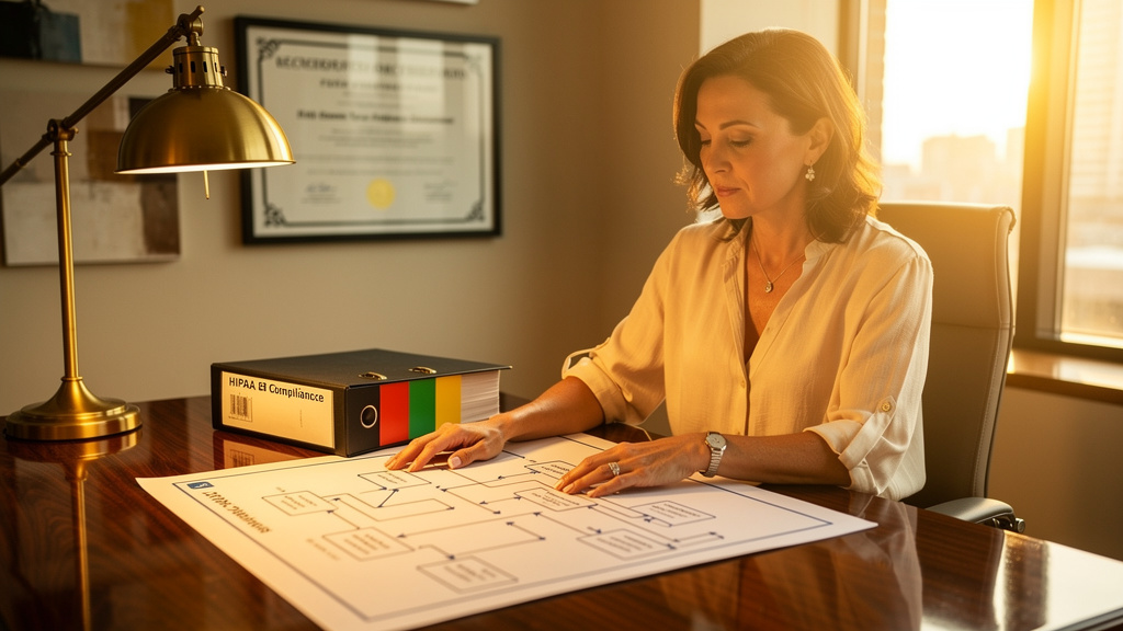 Healthcare operations leader reviewing a printed HIPAA compliance binder and EHR integration map at a warm-lit walnut desk during golden hour