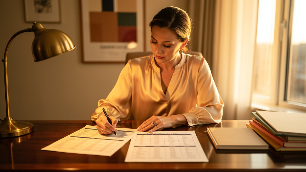HR operations leader reviewing a printed vendor comparison and headcount plan at a warm-lit walnut desk during golden hour