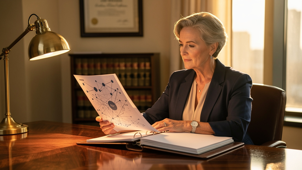 Senior legal operations leader reviewing a printed citation map and case-citation binder at a warm-lit walnut desk during golden hour