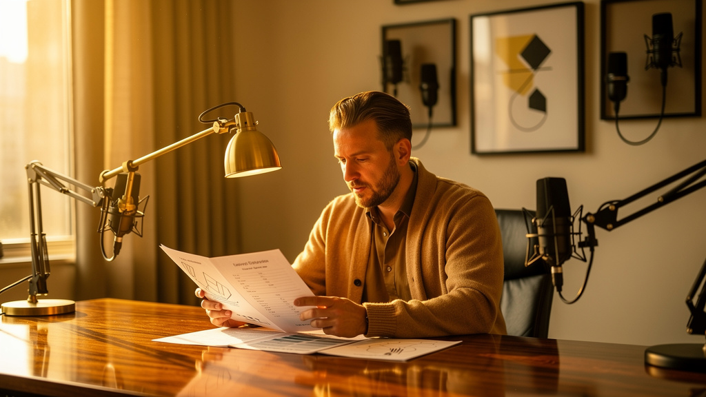 Podcast producer reviewing a printed episode catalog and guest list at a warm-lit walnut desk during golden hour