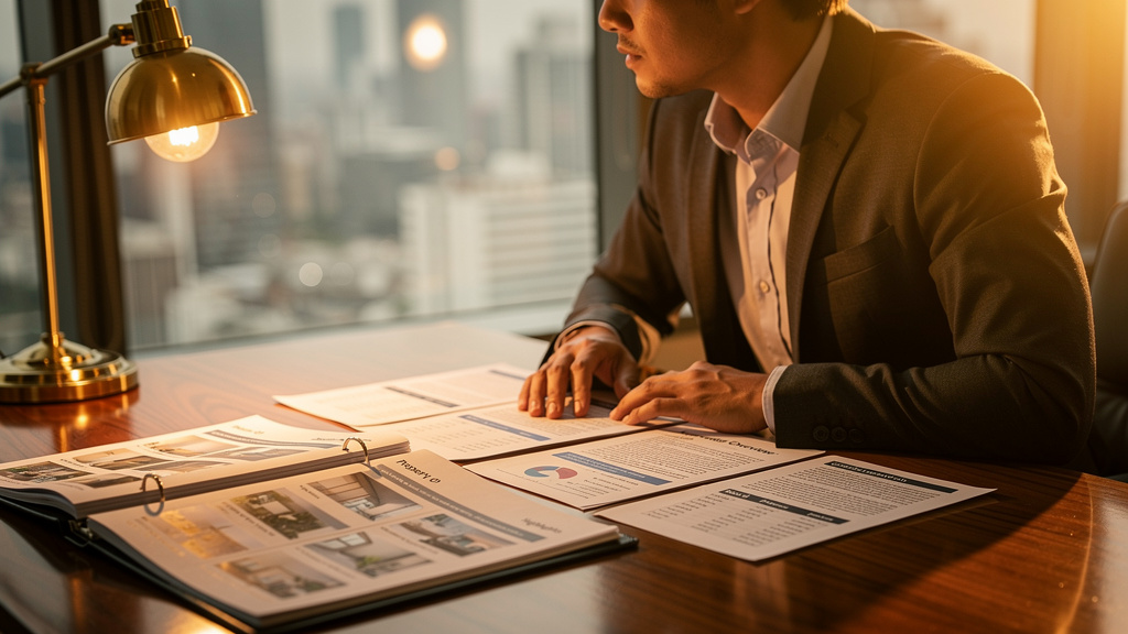 Real estate broker reviewing printed PropTech vendor comparison sheets and a property portfolio at a sunlit modern desk