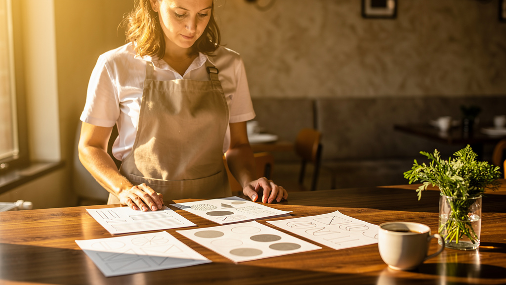 Restaurant operations manager reviewing printed POS and ordering platform comparison sheets at a warm wood counter inside a daylit restaurant