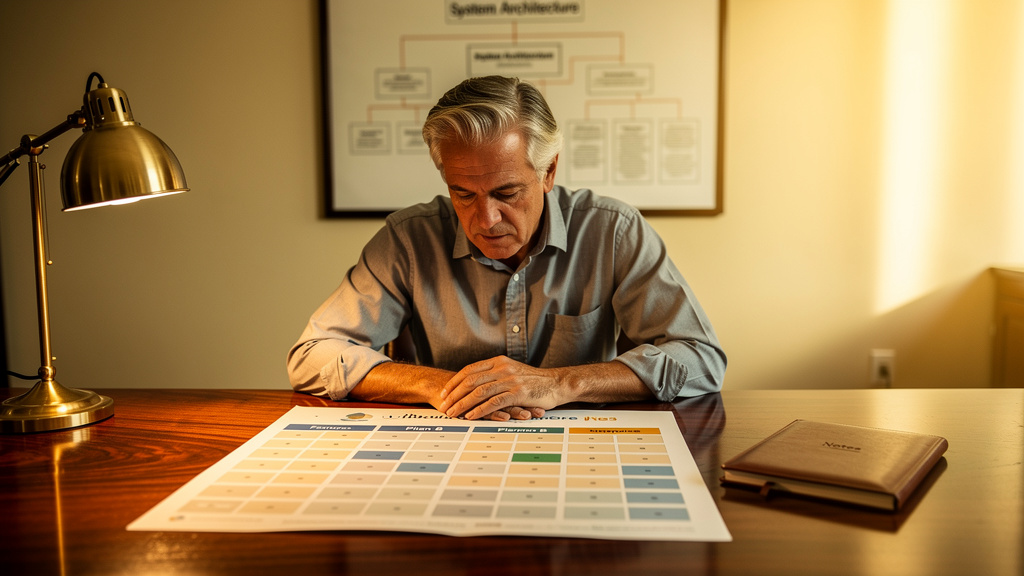 SaaS marketing director reviewing a printed feature comparison map on a warm-lit conference table at golden hour