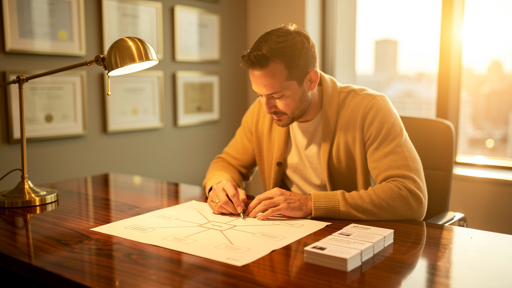 Information architect reviewing a printed internal link diagram and a stack of pillar page reference cards at a warm-lit walnut desk during golden hour