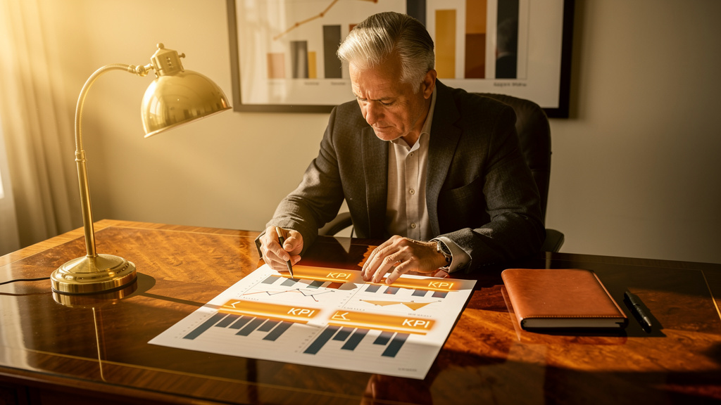 Analyst reviewing a printed metrics dashboard with three highlighted KPI rows at a warm-lit desk