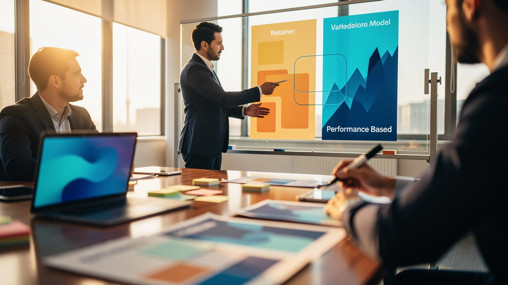 Enterprise procurement specialist and marketing leader comparing three printed AEO contract proposals across a wooden conference table