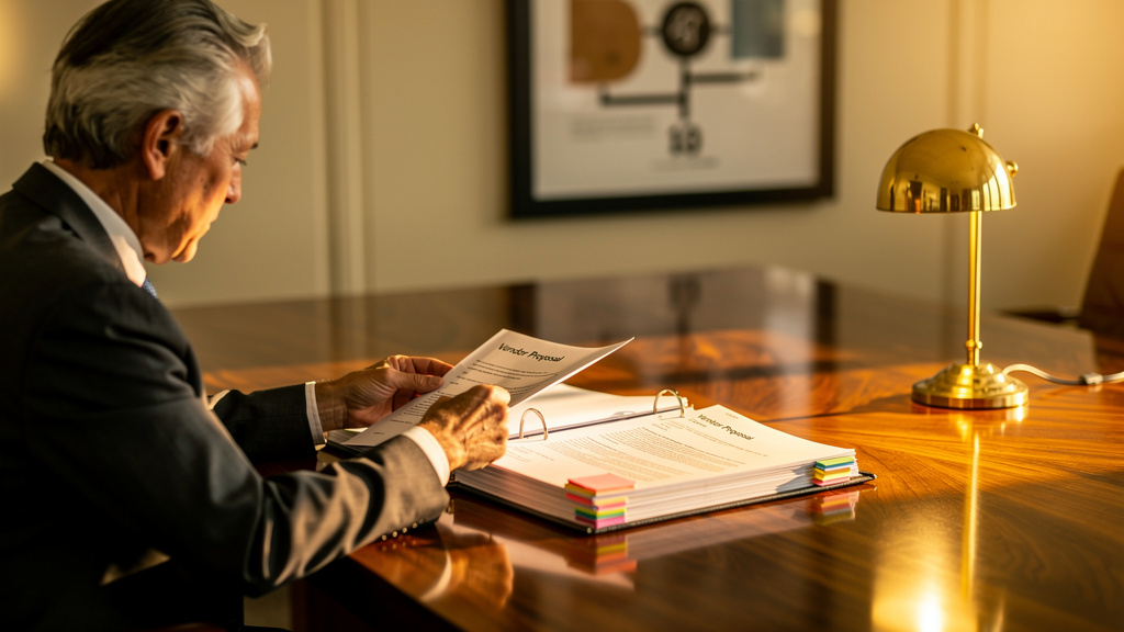 Procurement officer reviewing a binder of vendor proposals on a warm-lit boardroom table at golden hour