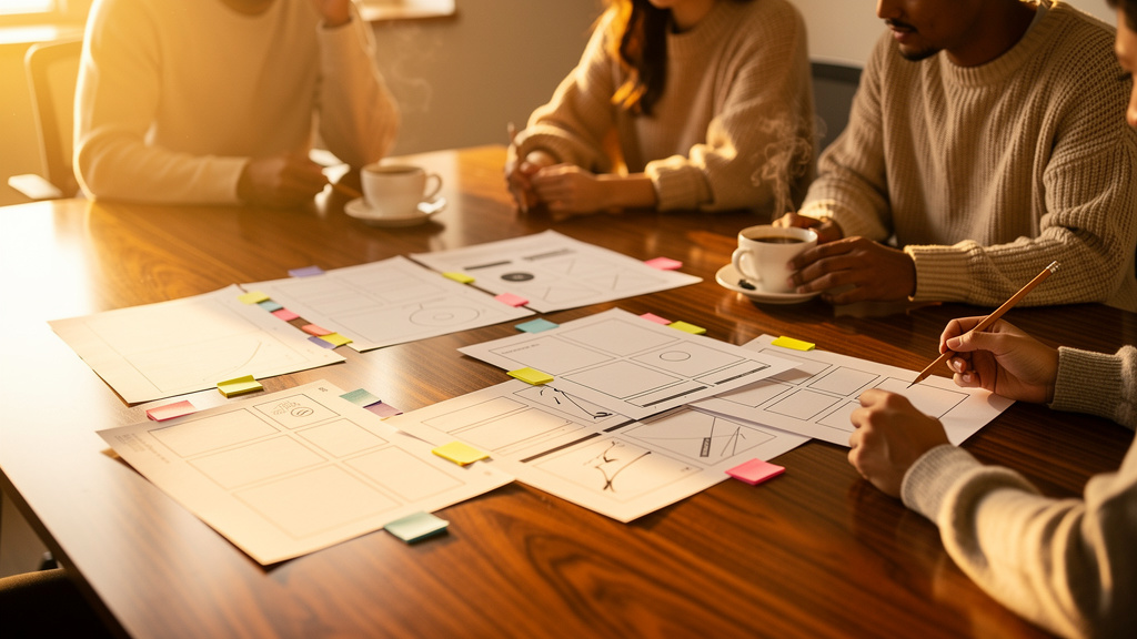 An editorial team reviewing a printed style guide draft with sticky tabs and pencil edits at a sunlit office table