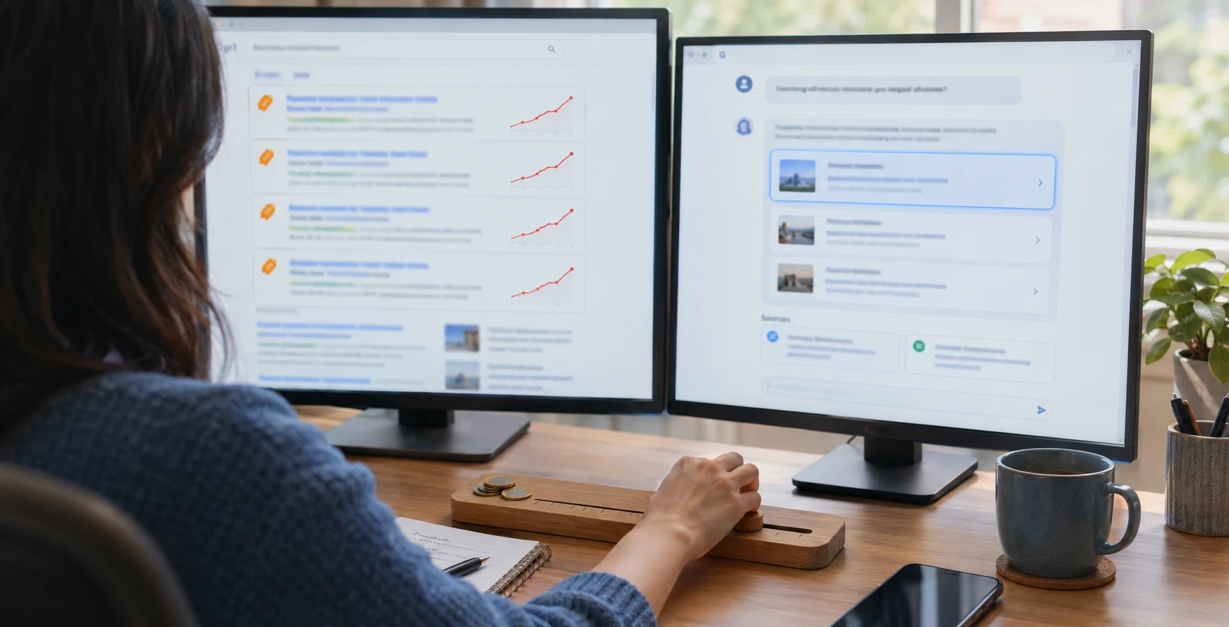 A marketer at two monitors, paid search ads with rising cost lines on the left and an AI assistant answer with a highlighted recommendation and sources on the right, sliding a budget marker from left to right