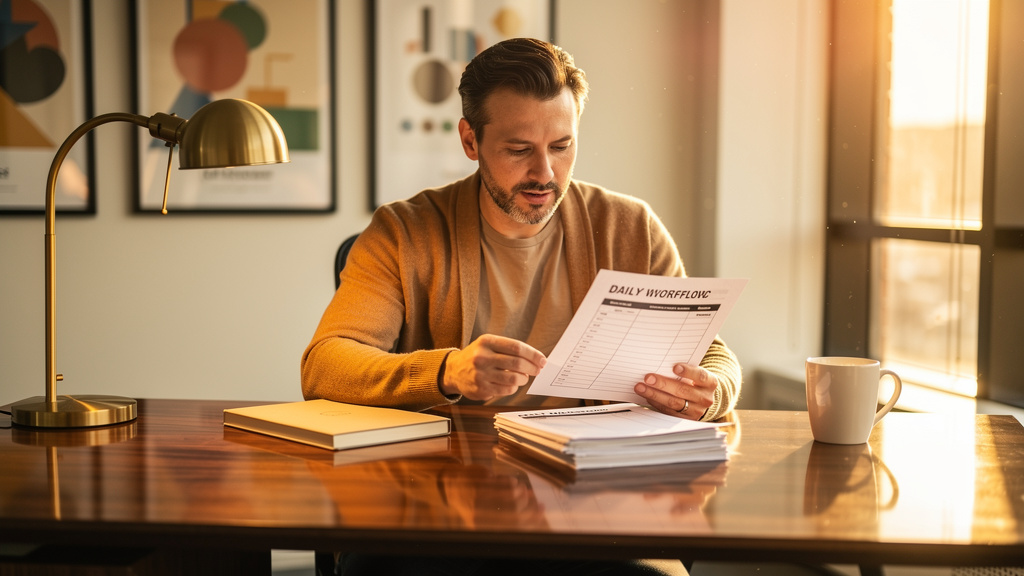 AEO content operator reviewing a printed daily workflow checklist and a stack of article briefs at a warm-lit walnut desk during golden hour