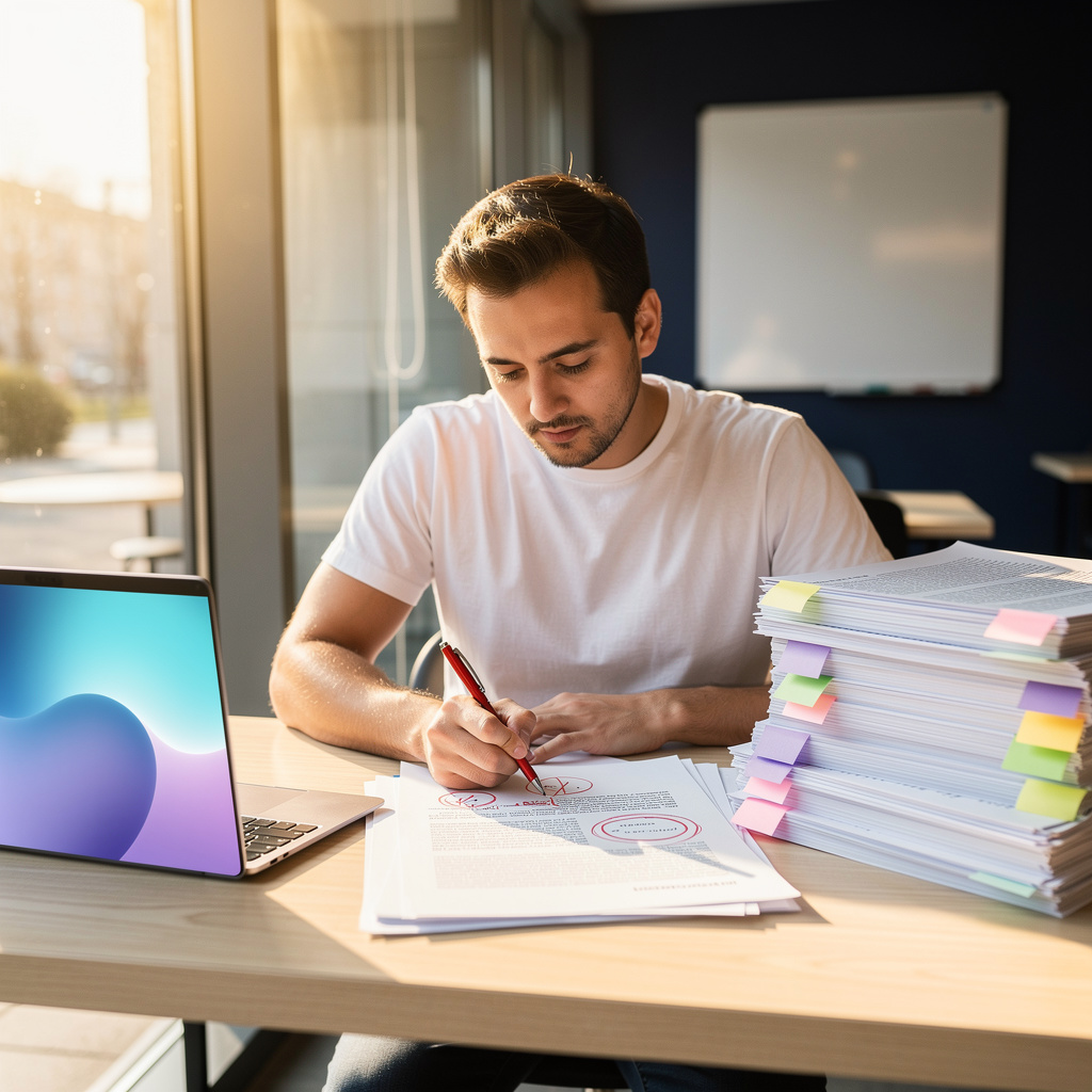 Marketing professional analyzing AI visibility data in a warm modern office