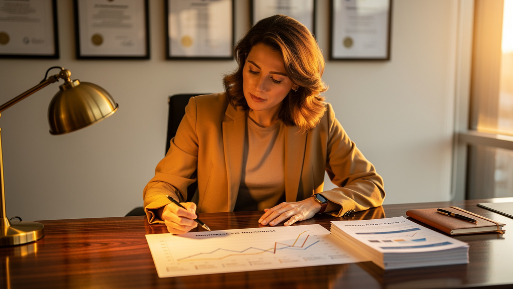 Search marketing analyst reviewing a printed search volume trend chart and a stack of monthly reports at a warm-lit walnut desk during golden hour