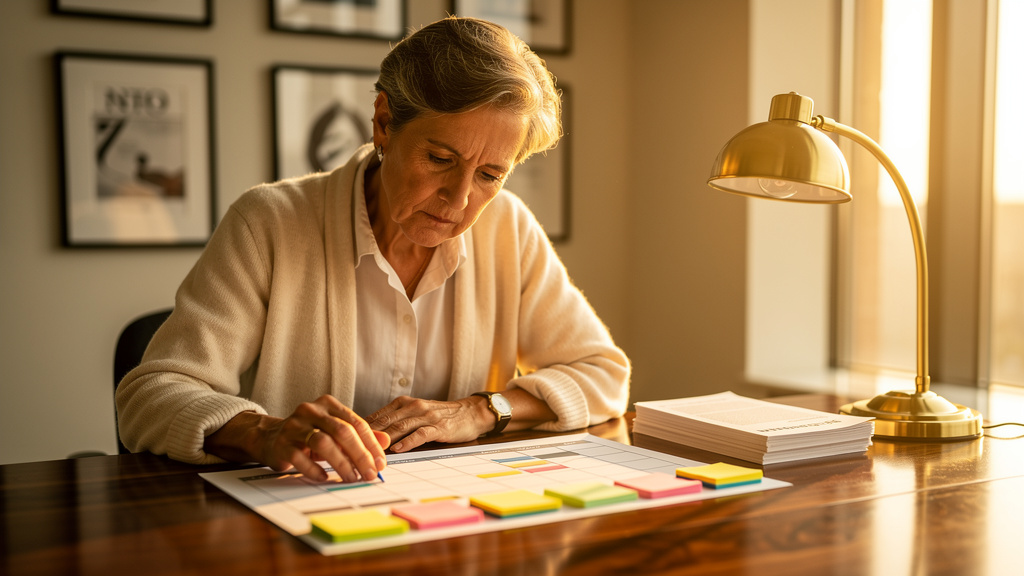 Content strategist reviewing a printed AEO editorial calendar grid and a stack of priority briefs on a warm-lit walnut desk during golden hour
