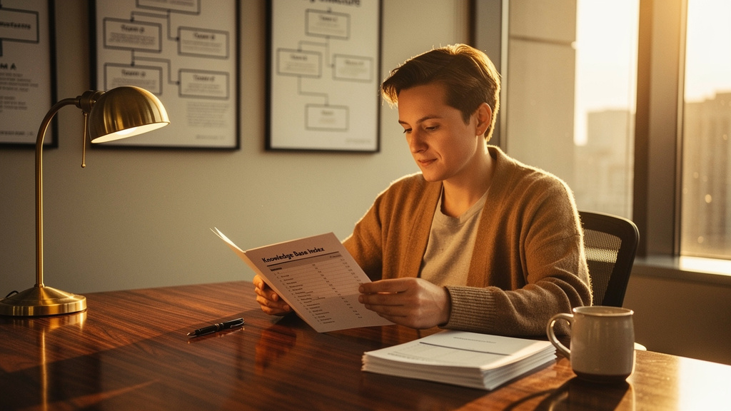Knowledge manager reviewing a printed wiki index and a stack of process documents at a warm-lit walnut desk during golden hour
