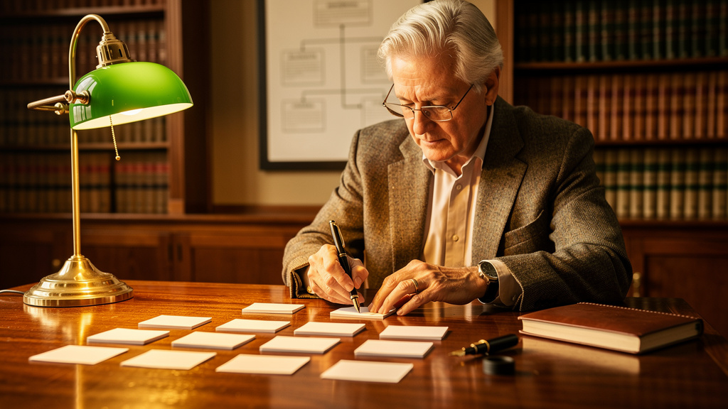 Researcher building a printed entity relationship diagram on a warm-lit oak library table at golden hour