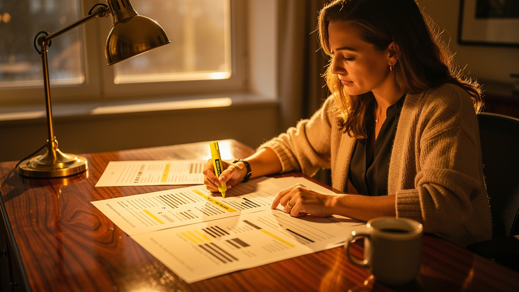 Product communications manager reviewing printed monthly changelog pages and highlighting feature entries at a warm-lit wooden desk