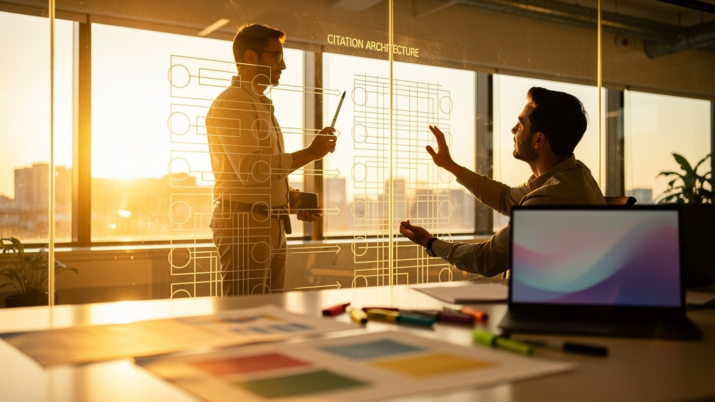 Content architect diagramming citation architecture on a glass wall in a warm, sunlit creative studio