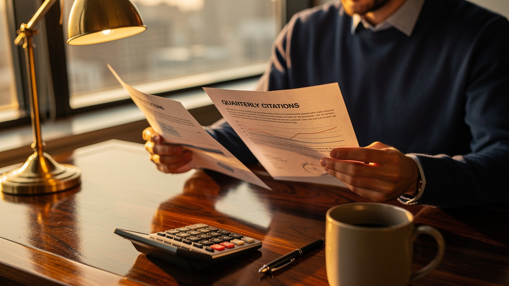 AEO analyst comparing two printed quarterly citation reports side by side with a calculator on a warm wood desk at golden hour