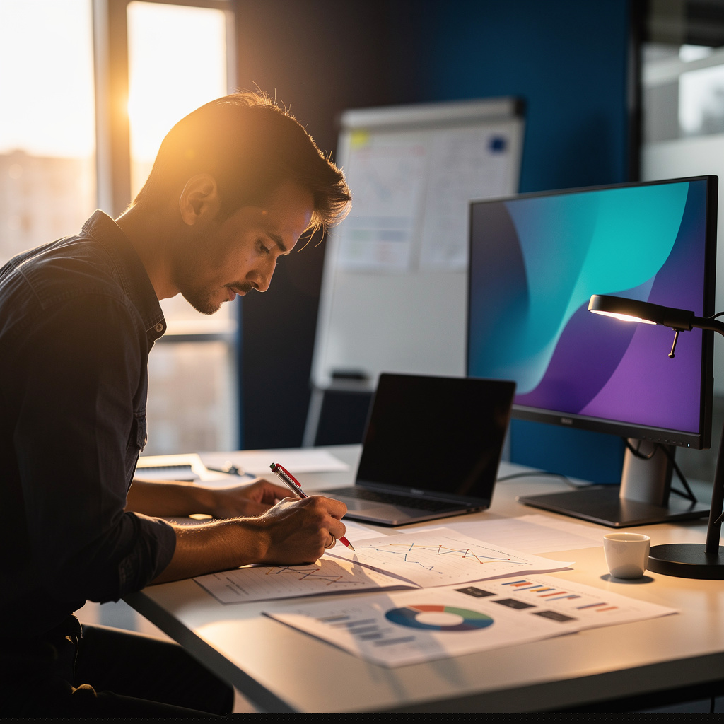 SaaS marketing manager reviewing the weekly AEO ops scorecard with a content lead at a sunlit desk