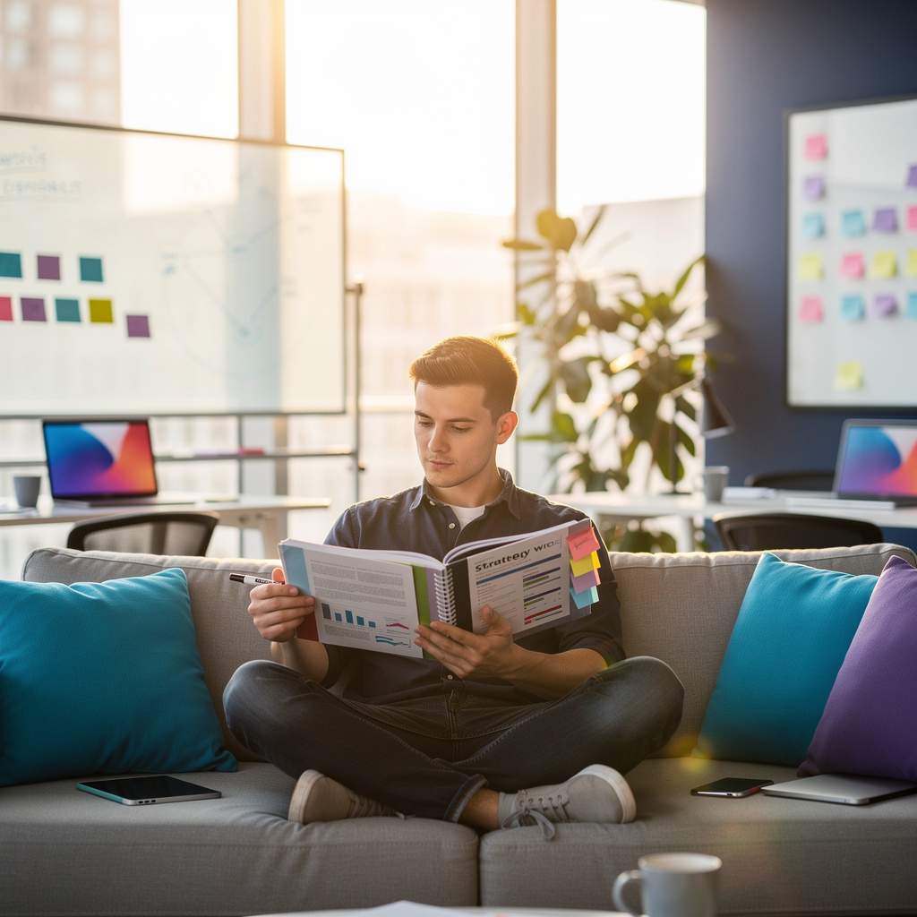 Marketing executive reviewing AI visibility reports and competitive benchmarks on a large screen in a modern conference room with floor-to-ceiling windows