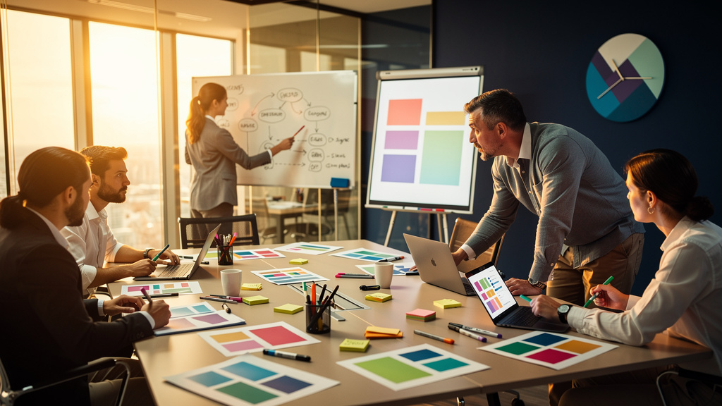 Editorial photograph of a SaaS marketing leader reviewing a 90-day launch plan with sticky notes and a printed timeline at a sunlit desk