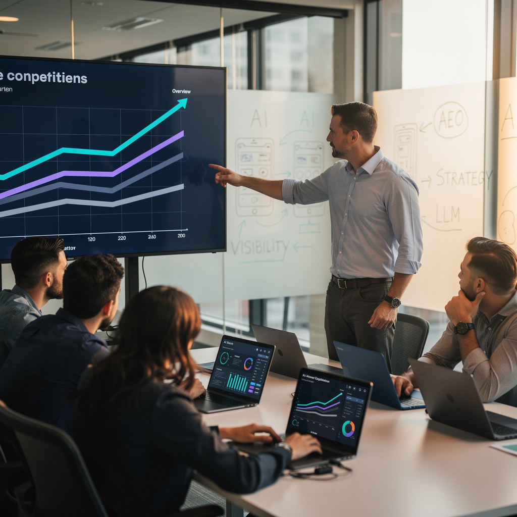 E-commerce strategist pinning competitor analysis cards to a large warm-toned mood board with product comparison charts and brand positioning maps