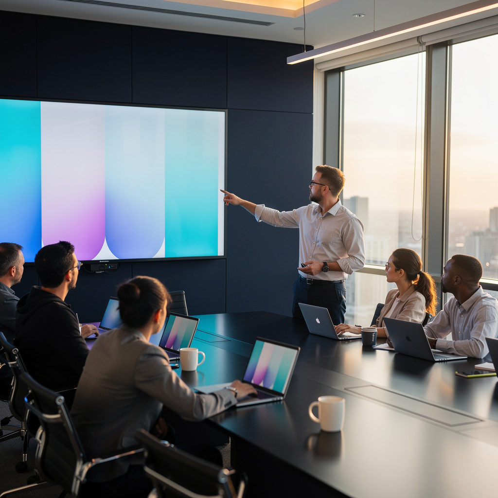 Marketing team reviewing a comprehensive AI visibility measurement framework spread across a large conference table