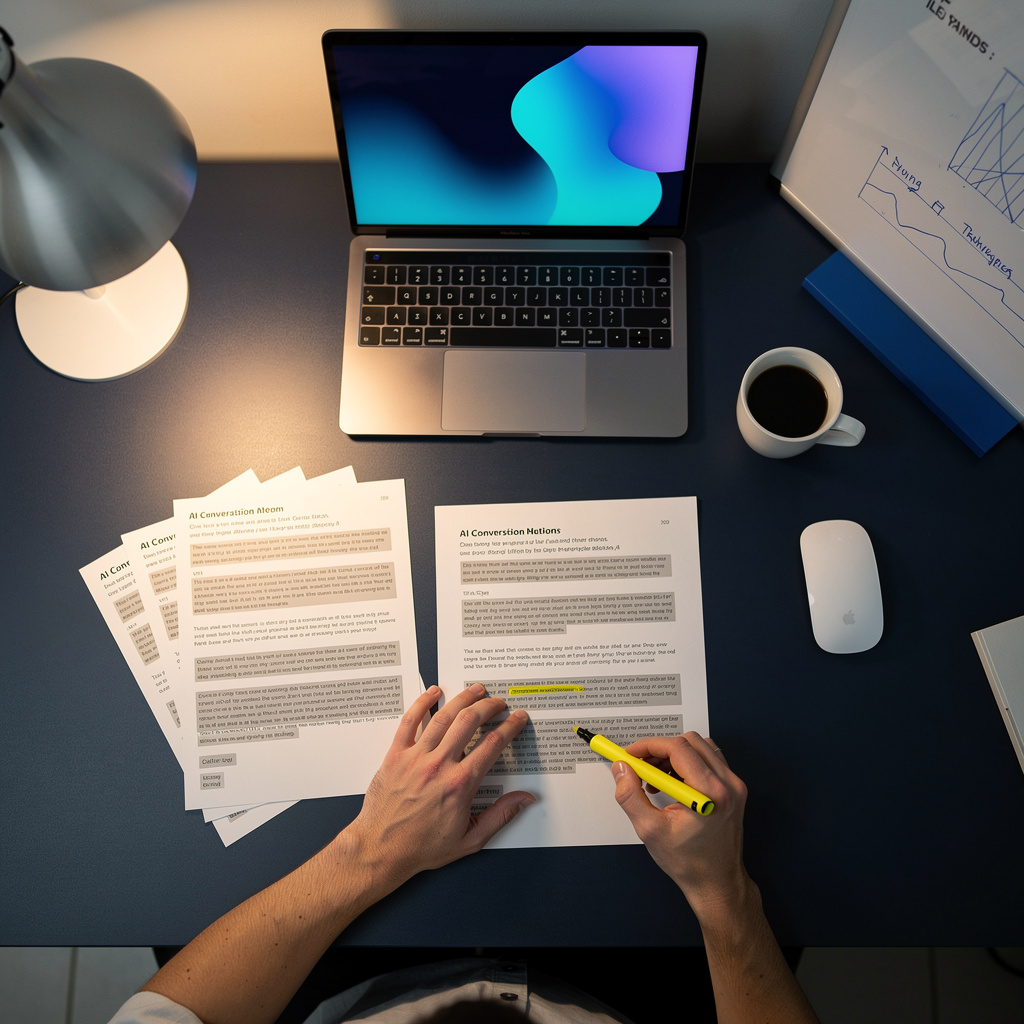 Enterprise content strategist organizing structured web pages from a stack of PDF documents and whitepapers on a wide desk with sticky notes and wireframes