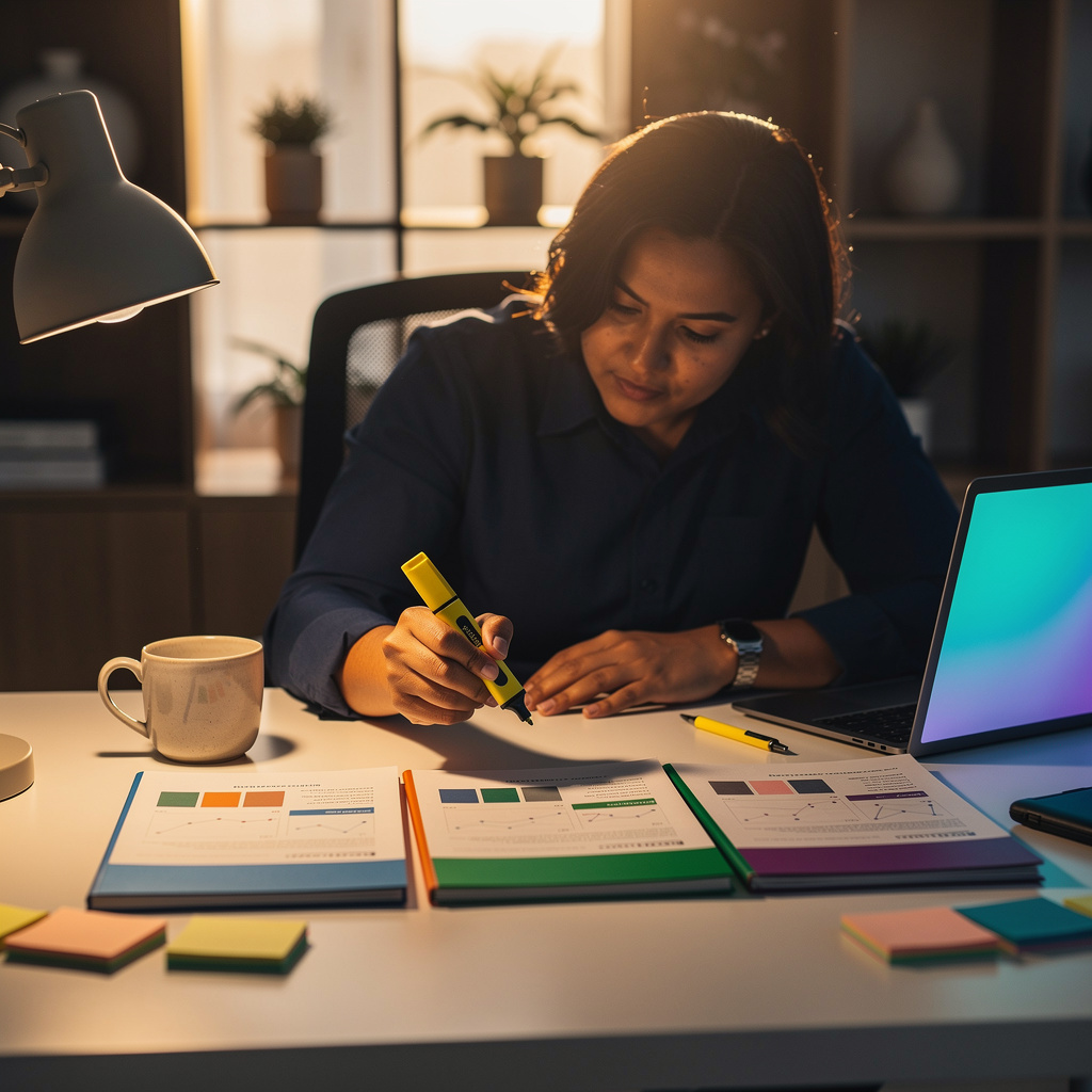 Buyer reviewing a multi-model coverage proposal across four printed pages spread on a sunlit desk