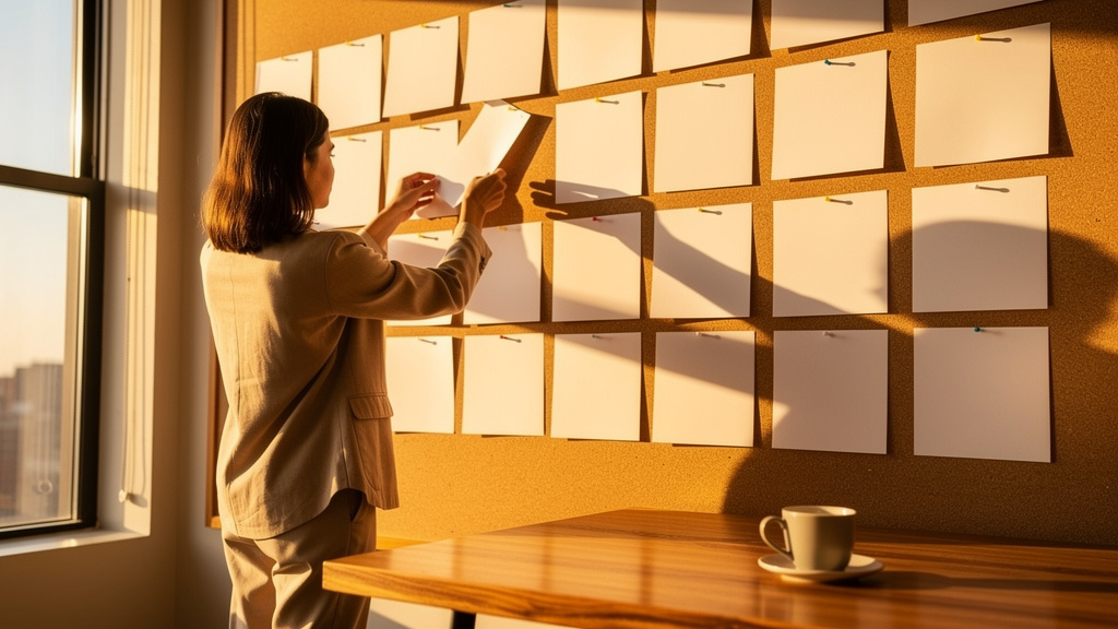 A content strategist organizing printed customer story sheets on a warm cork board in a sunlit office