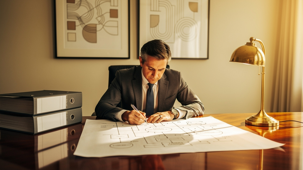 Enterprise architect reviewing a printed system diagram on a warm-lit boardroom table with reference binders