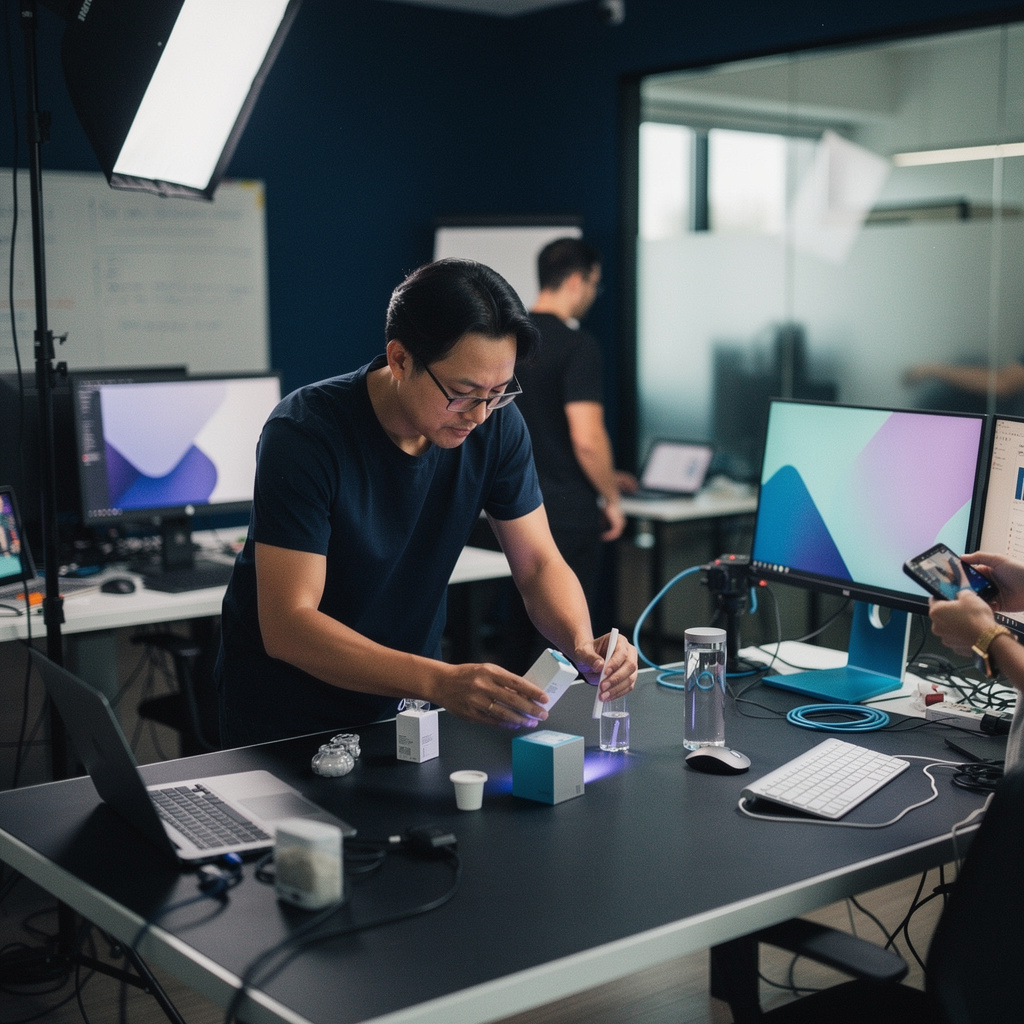E-commerce director reviewing monthly AI visibility performance dashboards with team, adjusting product optimization priorities