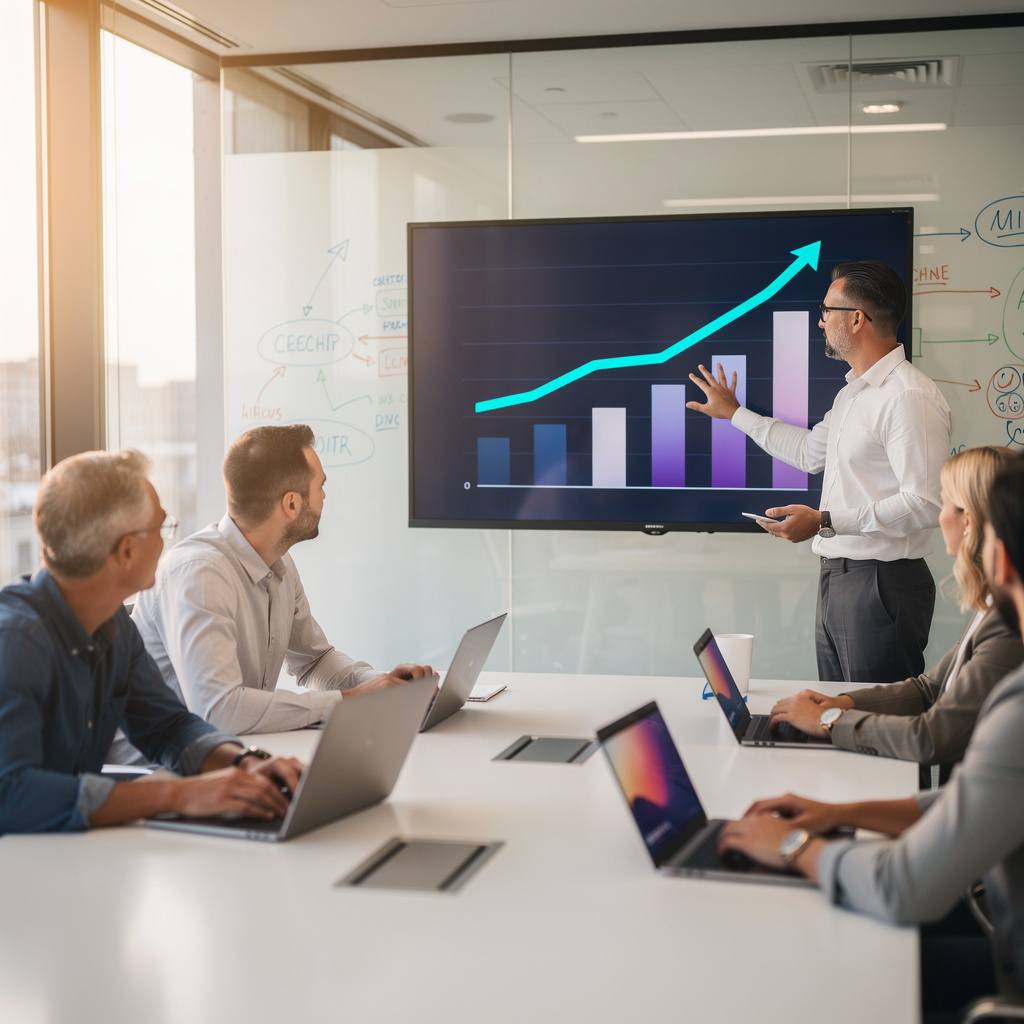 Enterprise marketing operations team comparing an AEO benchmark dashboard against a legacy SEO platform in a warm conference room