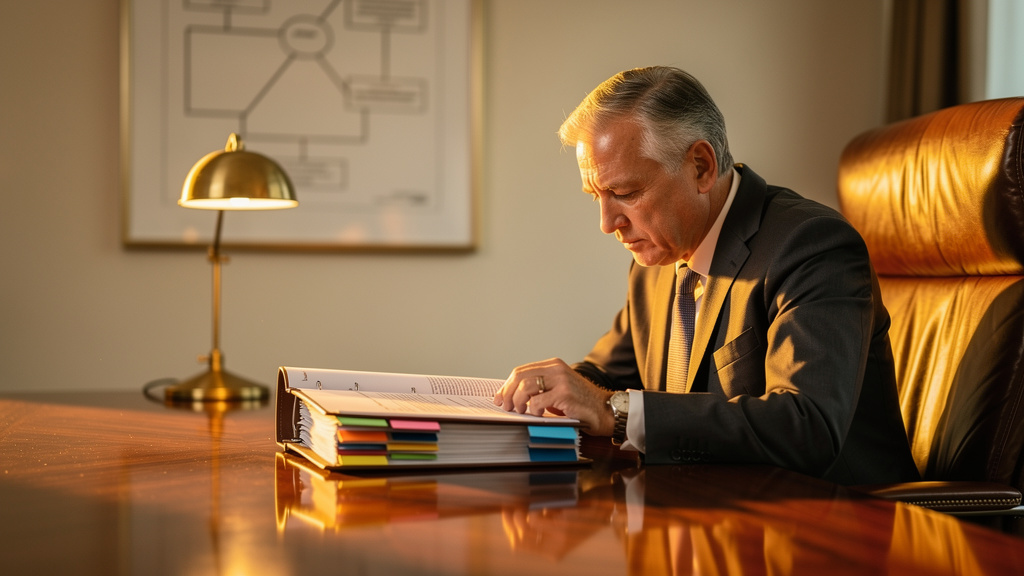 Enterprise marketing leader reviewing a printed governance binder on a warm-lit boardroom table at golden hour