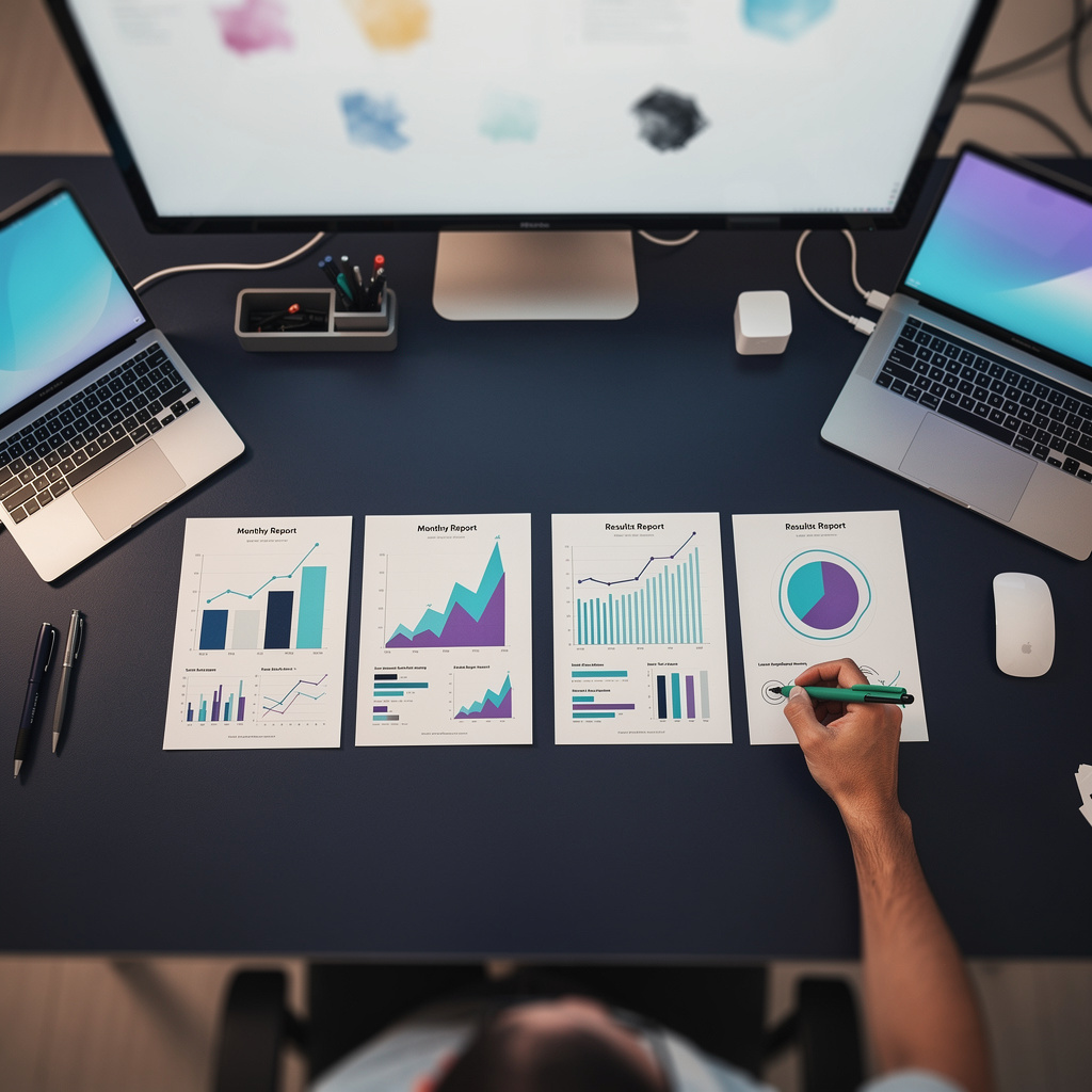Enterprise buyer reviewing vendor AEO performance results alongside printed competitive analysis charts