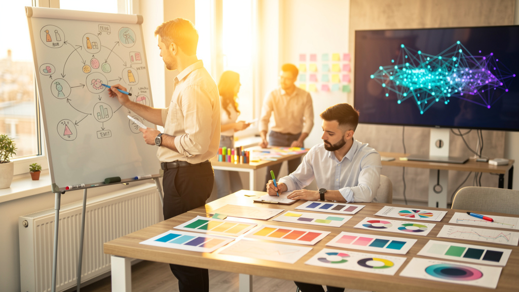 Marketing team mapping a brand entity graph on a glass wall in a warm, sunlit conference room