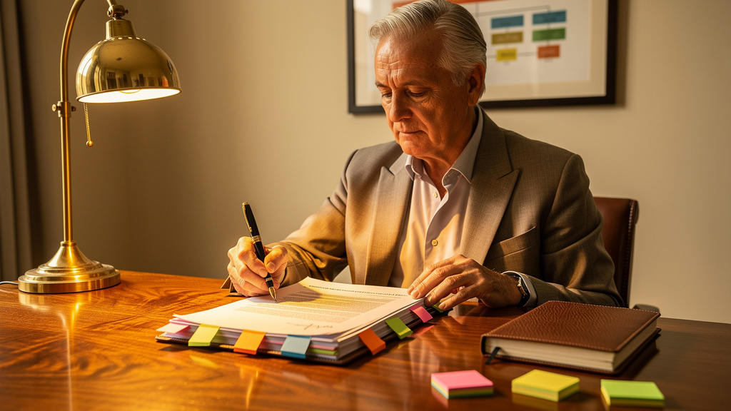 Editor reviewing a printed FAQ document with sticky tabs on a warm-lit oak desk with a leather notebook